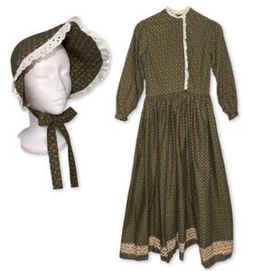 Vintage Prairie Dress Bonnet Handmade w Lace Eyelet Detailing Long Sleeve Floral